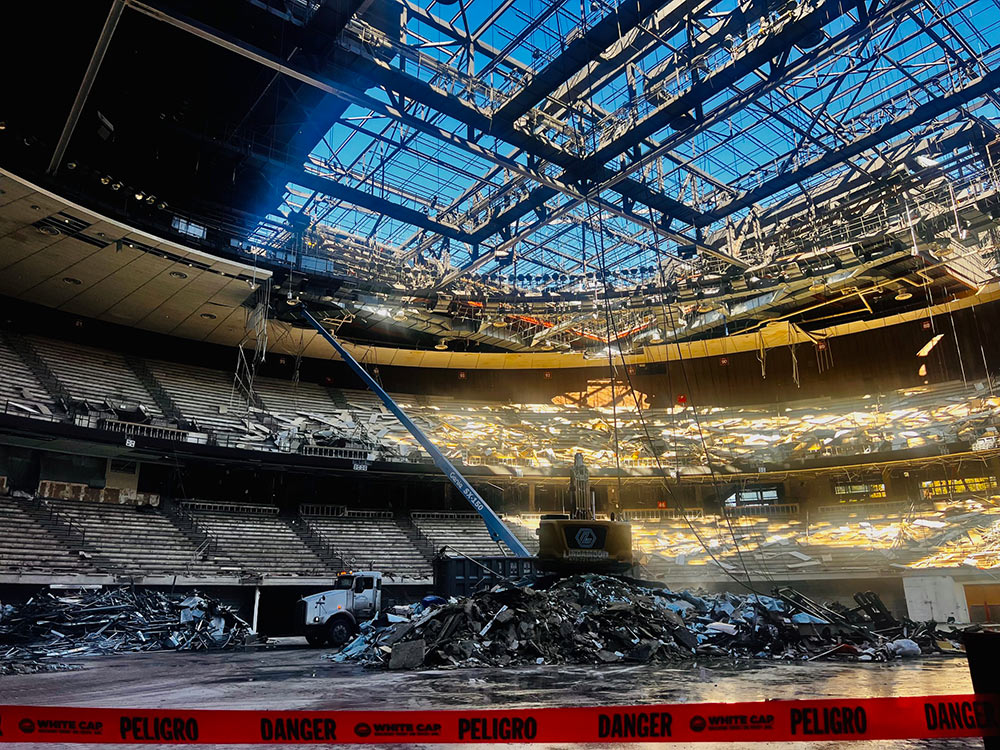 Erwin Center demolition with ceiling off