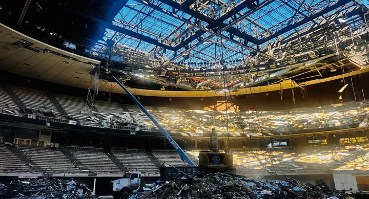 Erwin Center demolition with ceiling off